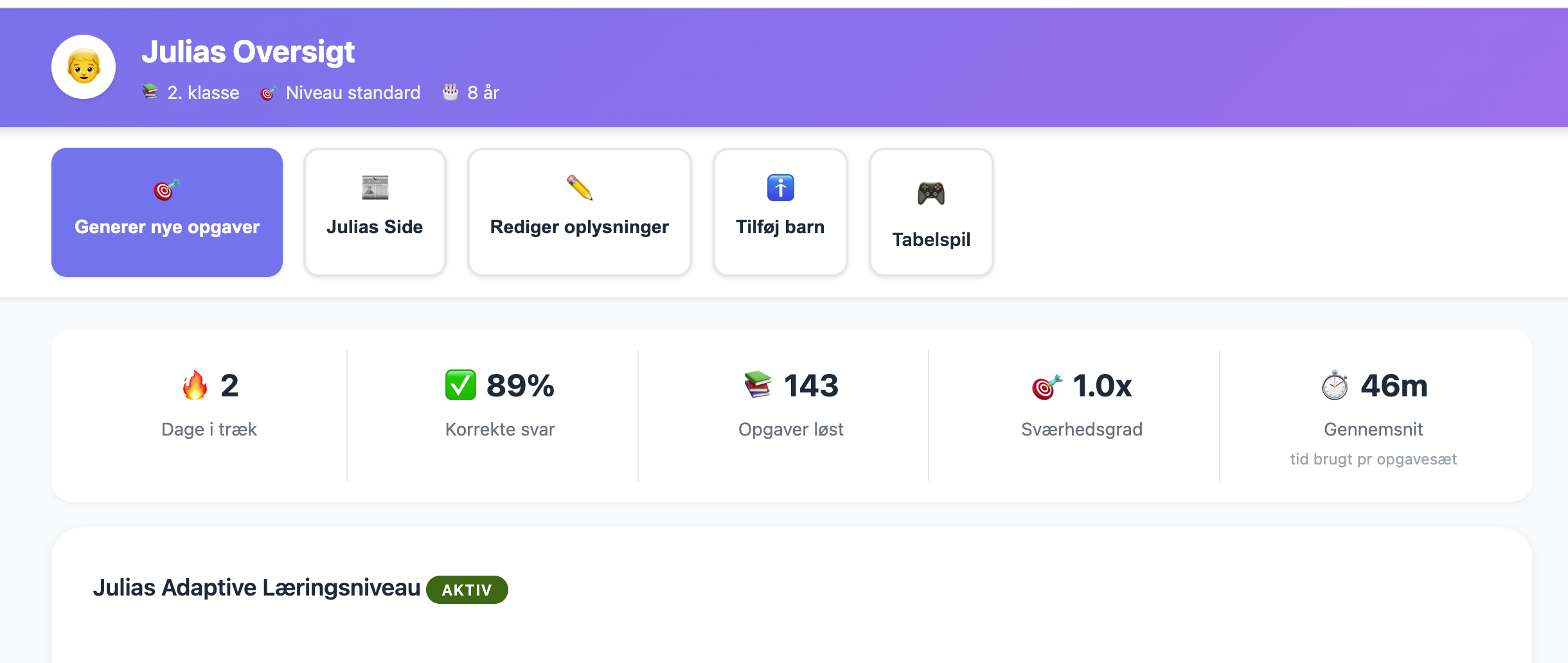 DineOpgaver dashboard - Følg med i dine opgaver og barnets matematik fremskridt